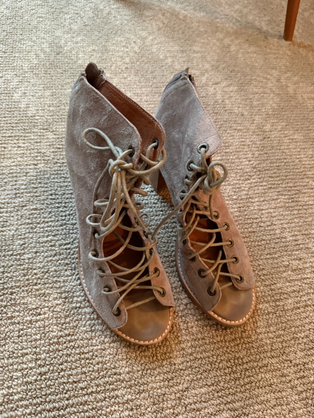 Taupe Suede Lace-Up Peep-Toe Boots